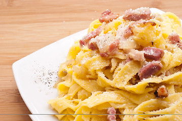 Image showing pasta Carbonara with eggs bacon and parmesan