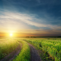 Image showing sunset over dirty road in green fields