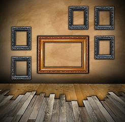 Image showing installing wooden floor on interior backdrop