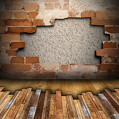 Image showing mahogany floor installing on cracked interior backdrop