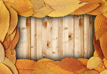 Image showing spruce boards table with cherry faded leaves