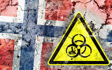 Image showing Old cracked wall with biohazard warning sign and painted flag