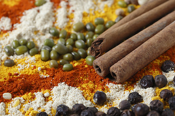 Image showing Cinnamon sticks with pulses and spices