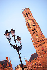 Image showing Belfry bell tower on sunset in Bruges, Belgium