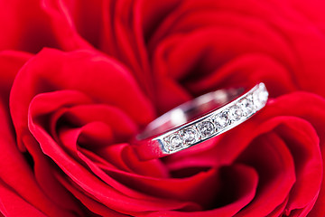 Image showing Diamond engagement ring in the heart of a red rose