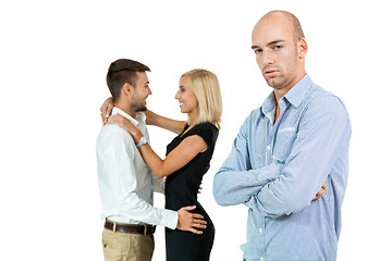 Image showing young man unhappy jealous couple behind 