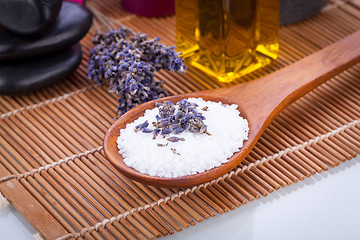 Image showing lavender massage oil and bath salt aroma therapy wellness