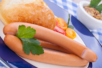 Image showing tasty sausages frankfurter with grain bread 