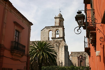Image showing Street with church and palm tree, Mexico
