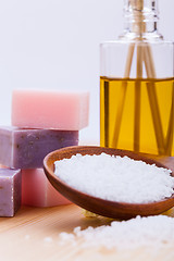 Image showing welnness spa objects soap and bath salt closeup