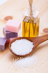 Image showing welnness spa objects soap and bath salt closeup