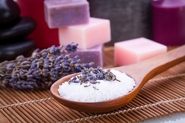 Image showing handmade lavender soap and bath salt wellness spa 
