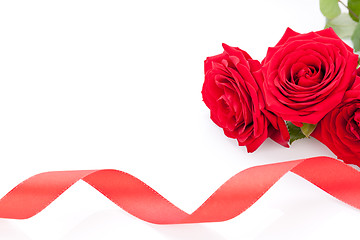 Image showing Bouquet of red roses with ribbon border