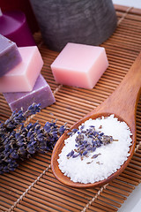 Image showing handmade lavender soap and bath salt wellness spa 