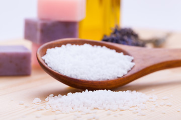 Image showing welnness spa objects soap and bath salt closeup