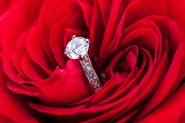 Image showing Diamond engagement ring in the heart of a red rose