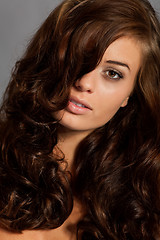 Image showing young woman portrait with shiny healthy brown curly hair