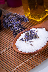 Image showing lavender massage oil and bath salt aroma therapy wellness