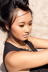 Image showing beautiful asian woman with colorful makeup on the beach 