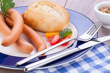 Image showing tasty sausages frankfurter with grain bread 