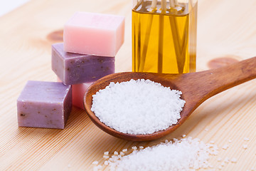 Image showing welnness spa objects soap and bath salt closeup