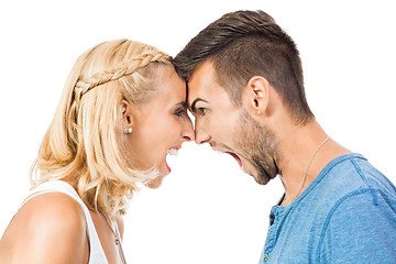 Image showing young woman screaming at boyfriend isolated