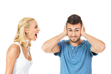 Image showing young woman screaming at boyfriend isolated