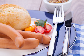 Image showing tasty sausages frankfurter with grain bread 