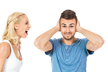 Image showing young woman screaming at boyfriend isolated