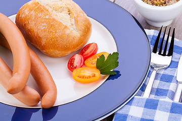 Image showing tasty sausages frankfurter with grain bread 