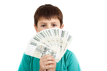 Image showing boy holding a fan from czech crown banknotes