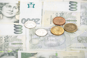 Image showing czech banknotes crowns and coins background