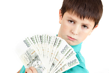 Image showing boy holding a fan from czech crown banknotes