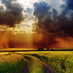 Image showing dramatic cloudy sky over road in green field