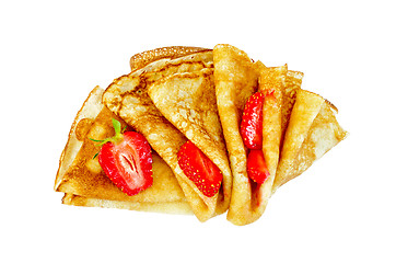 Image showing Pancakes with strawberries cut