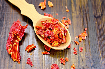 Image showing Pepper red hot chili in a spoon on a board