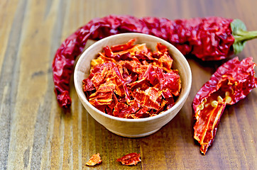 Image showing Pepper red hot chili in a wooden bowl on a board