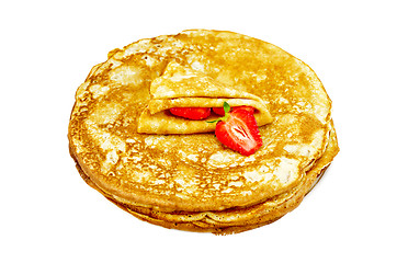 Image showing Pancakes on a plate with strawberries