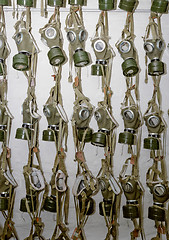 Image showing old military gas masks hanging