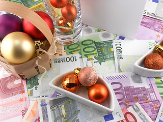 Image showing new year celebration event, money wallpaper, christmas balls and blank paper