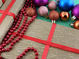 Image showing Christmas and new year decoration, balls and gifts