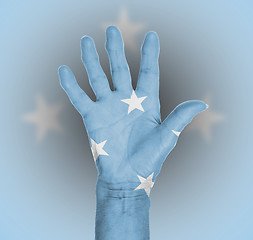 Image showing Palm of a woman hand, painted with flag