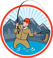 Image showing Fly Fisherman Catching Trout Fish Cartoon