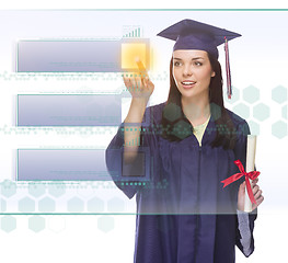 Image showing Female Graduate Pushing Blank Button on Panel with Copy Room