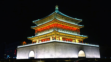 Image showing Night view of the Bell Tower in Xian