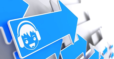 Image showing Boy with Headphones Icon on Blue Arrow.