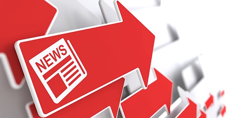 Image showing Newspaper Icon with News Title on Red Arrow.