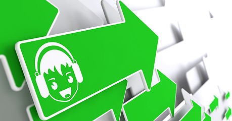 Image showing Boy with Headphones Icon on Green Arrow.