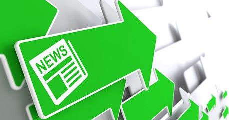 Image showing Newspaper Icon with News Title on Green Arrow.