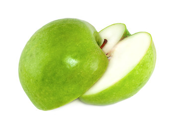 Image showing Two halves of a green apple
